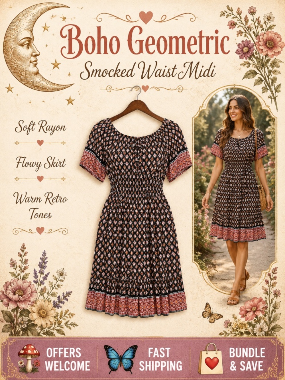 Dashing Boho Geometric Midi Dress Smocked Waist Short Sleeve Rayon